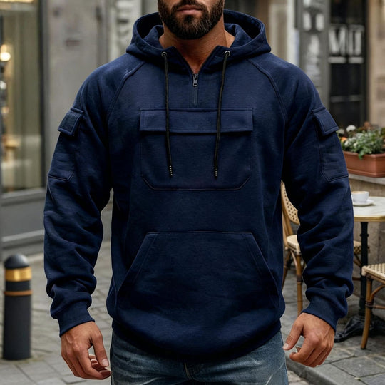 Herren nan funktionaler Kapuzenpullover mit halbem Frontreißverschluss, aufgesetzter Fronttasche mit Klappe und Kängurutasche EB