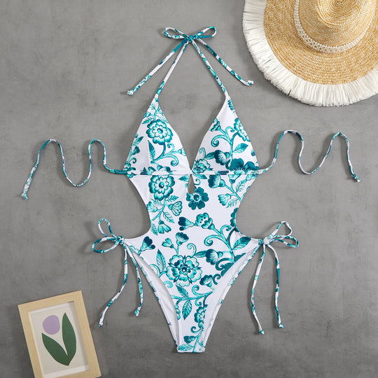 Damen ganzflächiger Bikini mit verspieltem floralen Design EB