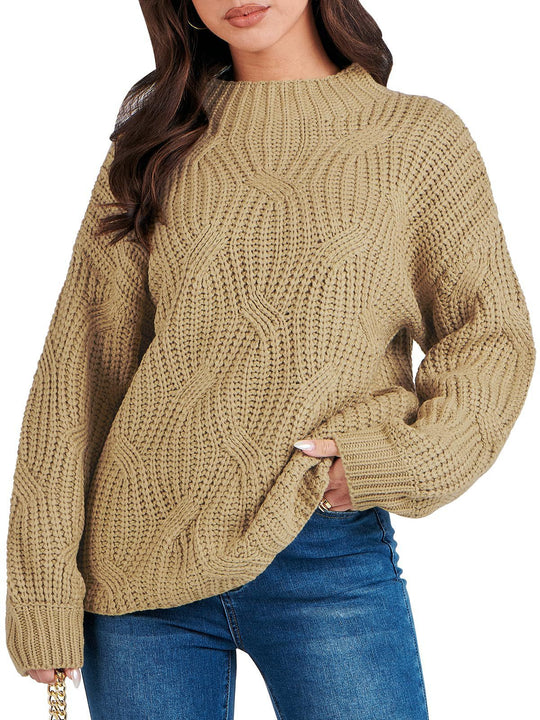 Damen Grobstrickpullover mit extravagantem Wellenmuster und hohem Kragen EB