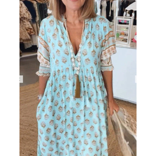 Damen Boho-Stil Kleid mit geflochtener Schnürung und handgefertigten Details EB