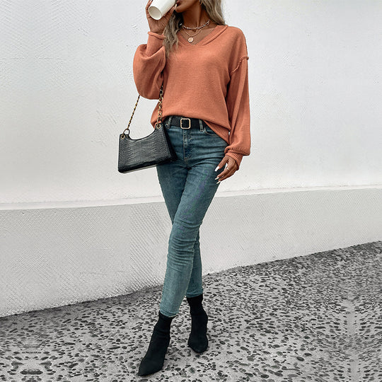 Damen V-Pullover mit voluminösen Ärmeln und verspielten Details EB