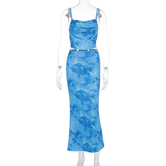 Damen elegante Kombination aus Crop-Top und Maxirock mit raffinierten Rüschen EB