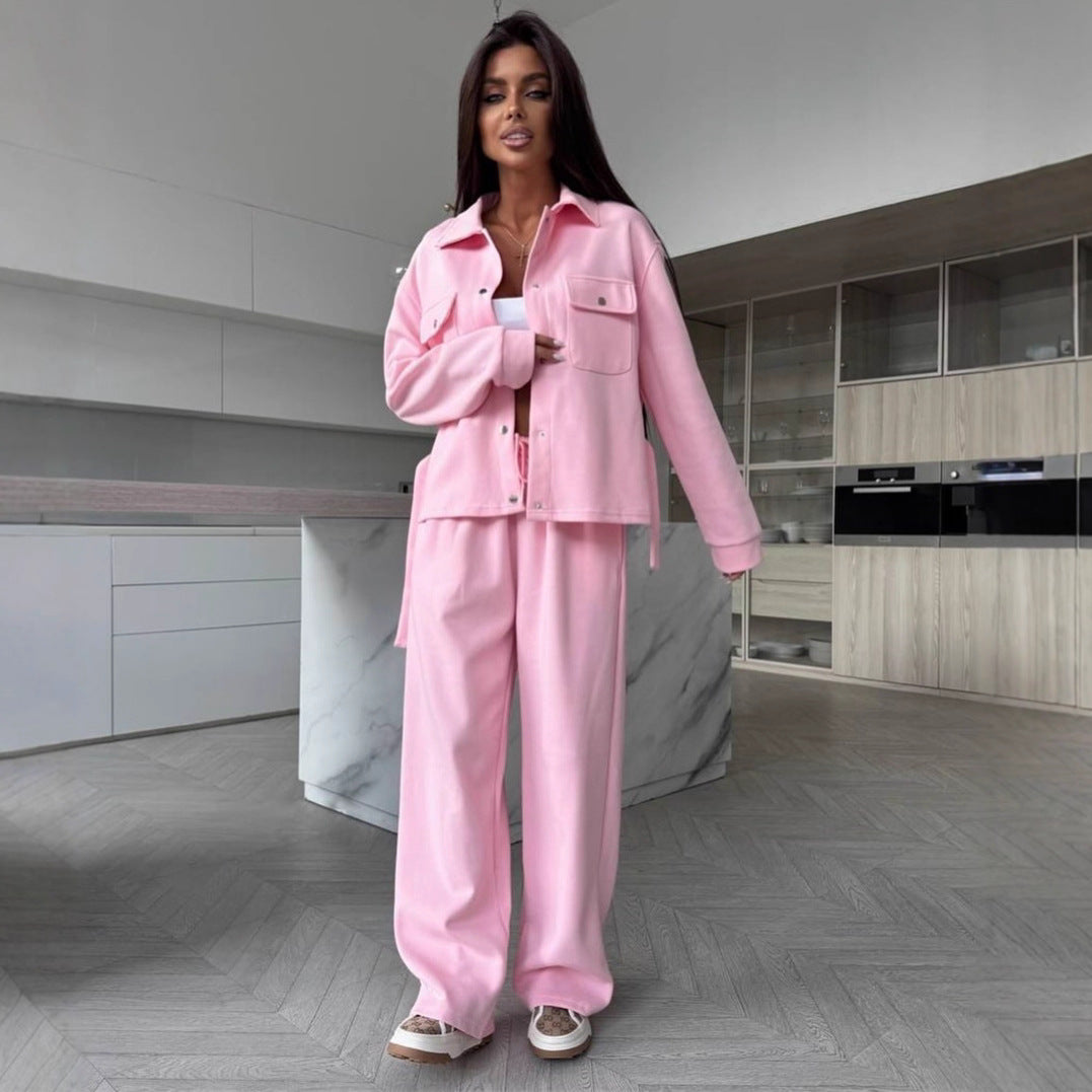 Damen Zweiteiliges Loungewear-Set mit tailliertem Blouson, Bindegürtel und weiter Palazzo-Hose EB