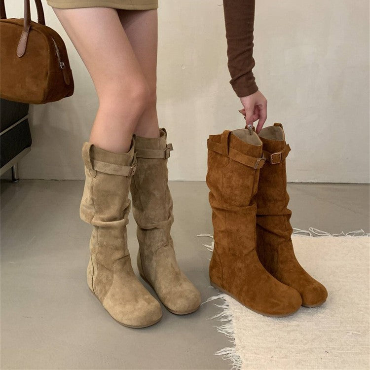 Damen Elegant gefaltete Langschaftstiefel mit modischen Schnallendetails EB