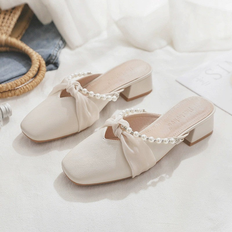Damen Elegante Mules mit modischem Perlenverzierung und kreativen Schleifen EB