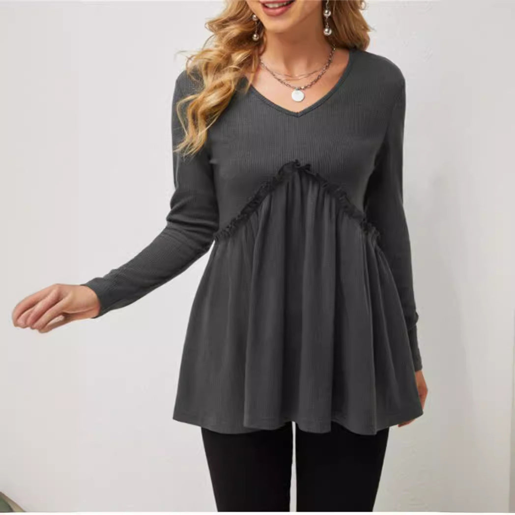 Damen V-Ausschnitt Langarmshirt mit Rüschendetail EB