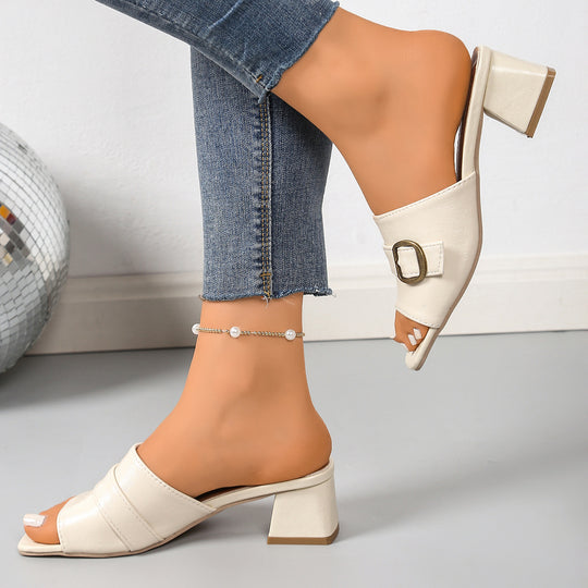 Damen modische Mules mit Blockabsatz und dekorativem Schnallen-Detail EB