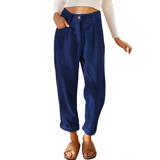 Damen modische Cordhose mit hohem Bund und weitem Bein EB