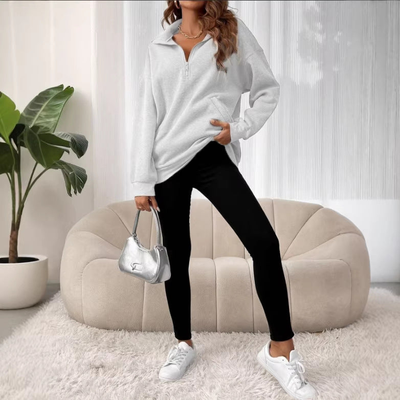 Damen Oversize Sweatshirt mit halbem Reißverschluss, Kängurutasche und Stehkragen EB