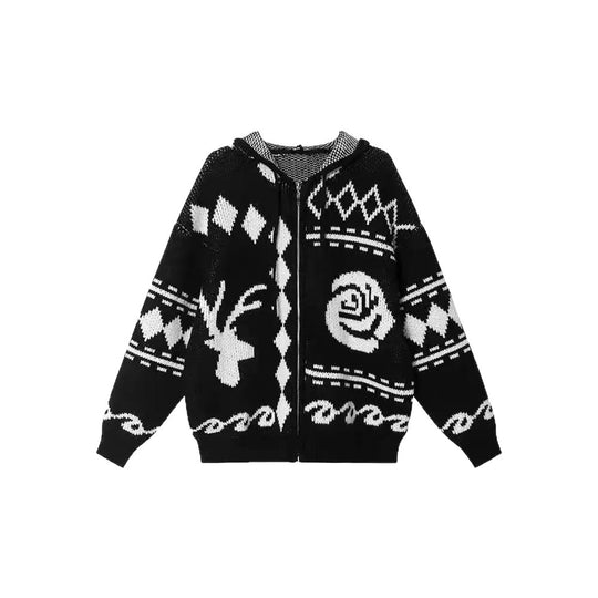 Damenmodische Strickjacke mit grafischem Muster und Kapuze EB