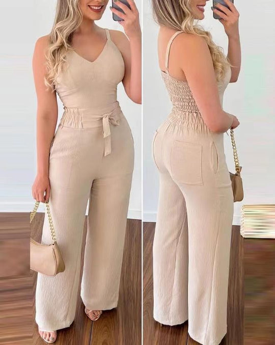 Damen eleganter Jumpsuit mit Taillengürtel und weitem Bein EB