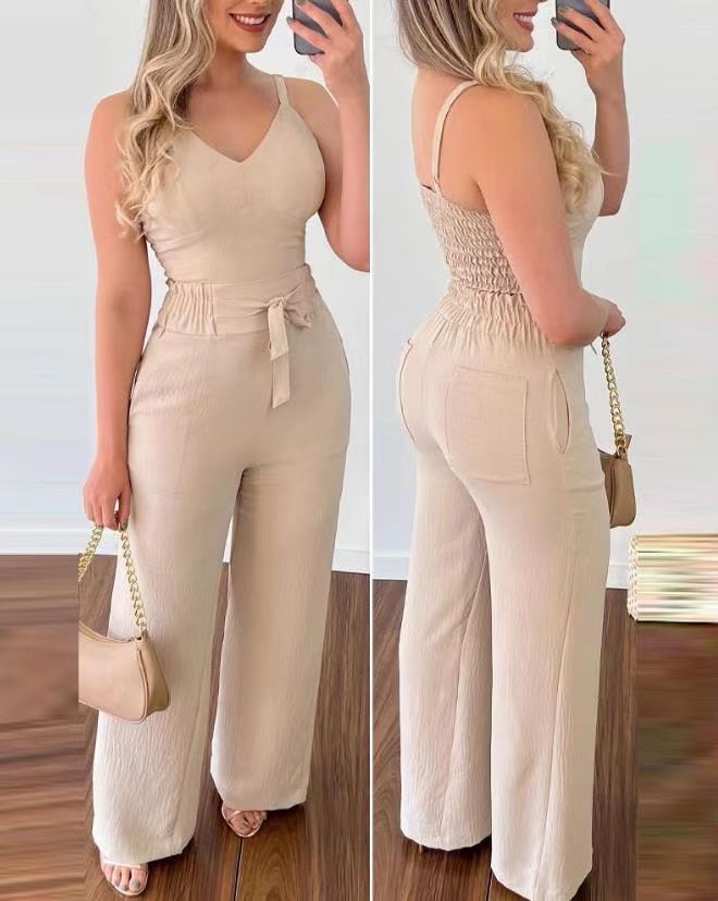 Damen Jumpsuit mit breiten Beinen und Schärpe EB