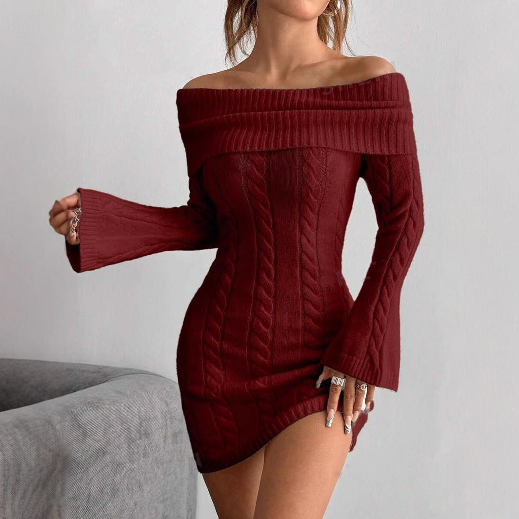 Damen figurbetontes Strickkleid mit weitem Ausschnitt EB