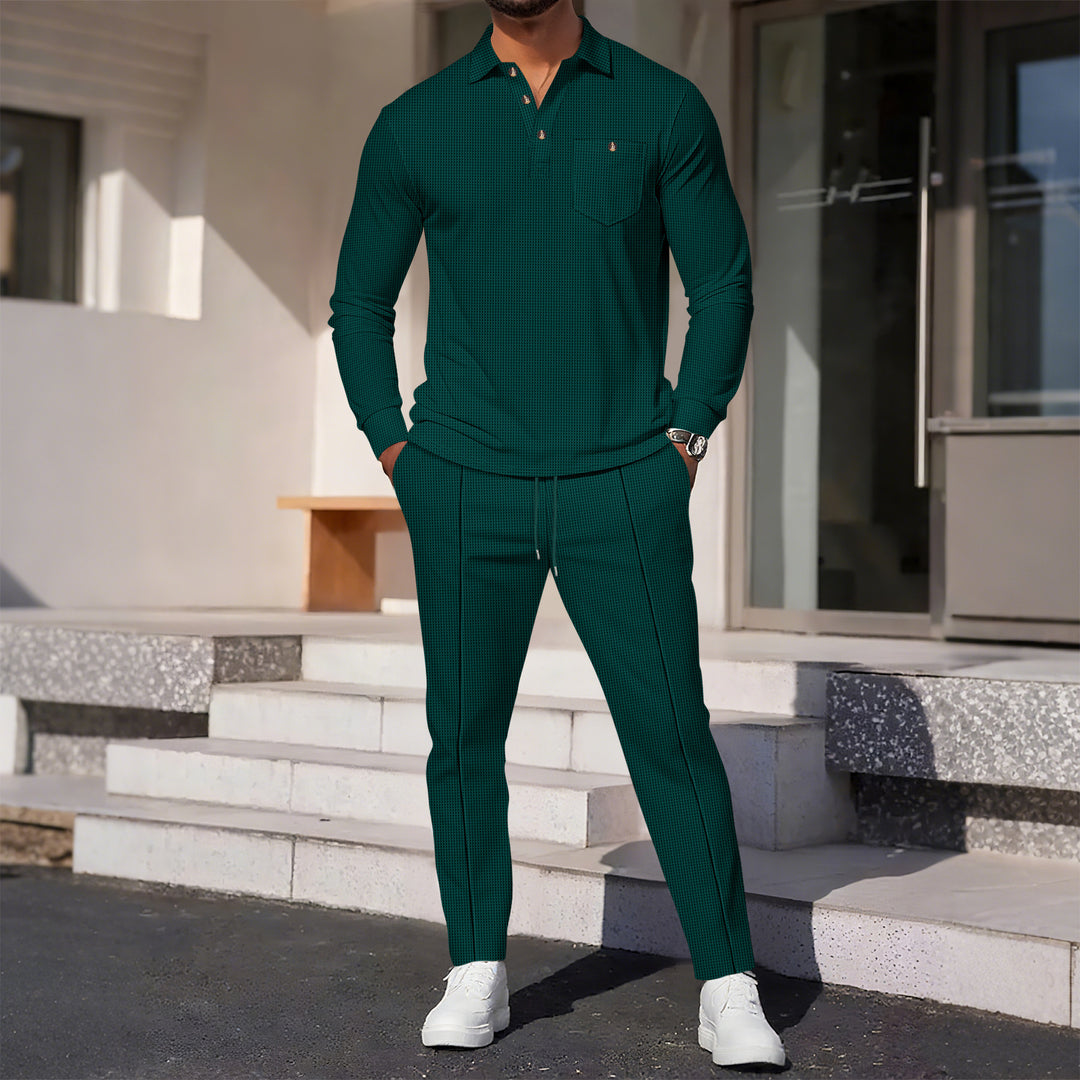 Herren nan feinstrukturiertes Polo-Langarmshirt mit verdeckter Knopfleiste und aufgesetzter Brusttasche EB