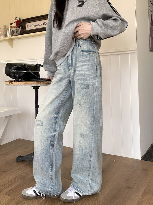 Damen Lässige Weitjeans mit trendigem Used-Look und hohem Bund EB