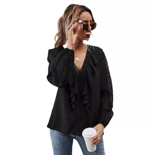 Damen Rüschenbluse mit transparenten Ärmeln und feinen Spitzenakzenten EB