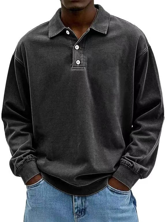 Herren nan lässiges Poloshirt-Sweatshirt mit Kragen, Vintage-Waschung und dreiteiliger Knopfleiste EB