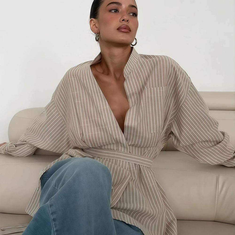 Damen elegante Bluse mit tailliertem Schnitt und Gürtel EB