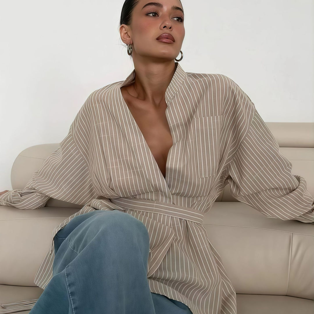 Damen elegante Bluse mit tailliertem Schnitt und Gürtel EB