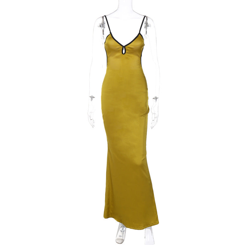 Damen Elegantes Satin-Maxikleid mit verstellbaren Spaghettiträgern und tiefem V-Ausschnitt EB