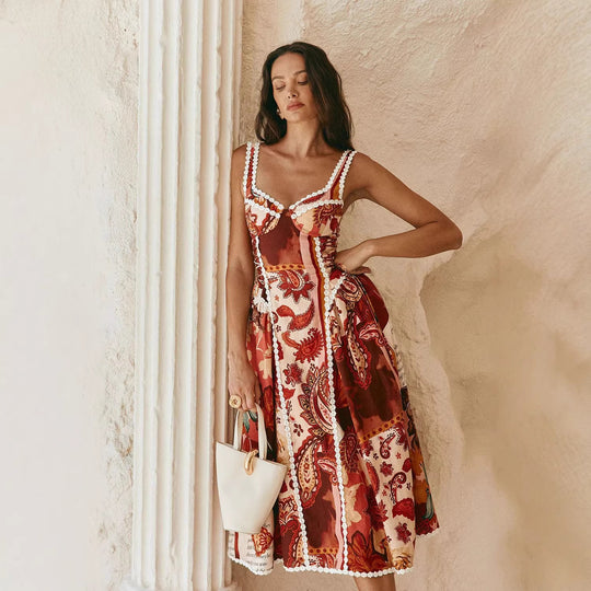 Damen Midi-Maxikleid mit verspieltem Patchwork-Design und Rüschendetails EB
