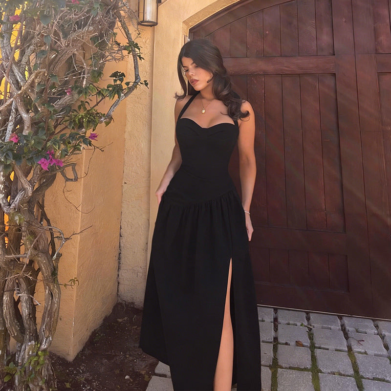 Damen schulterfreies Maxikleid mit raffiniertem Halterneck und fließendem Rock EB