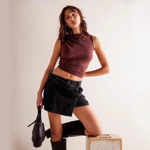 Damen modischer A-Linien-Denimrock mit asymmetrischem Knopfdesign und praktischen Taschen EB