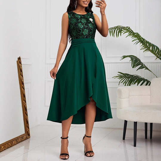 Damen Elegante Schnitt Midi-Kleid mit asymmetrischem Saum und floralem Oberteil EB