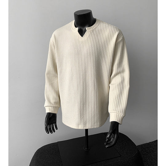 Herren nan grobstrukturierter Strickpullover mit V-förmigem Schlitzkragen und gerundetem Saum EB