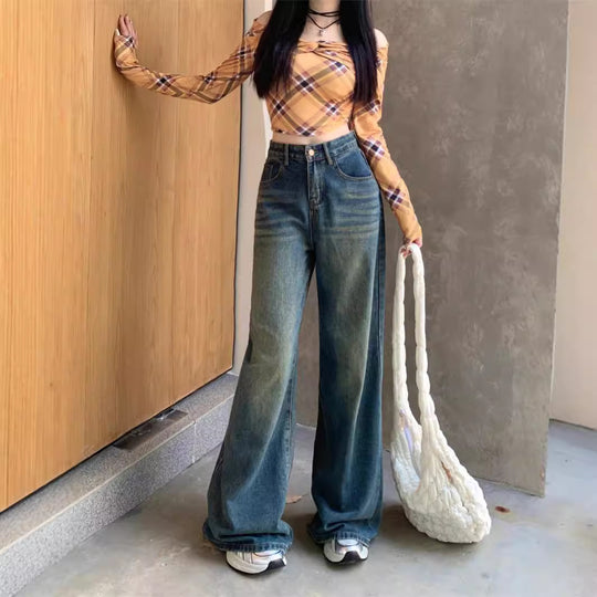 Damen Weite Flared Jeans mit hohem Bund und modischem Vintage-Design EB