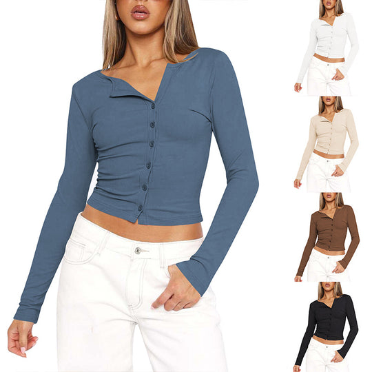 Damen figurbetontes Langarmshirt mit Knopfleiste und V-Ausschnitt EB