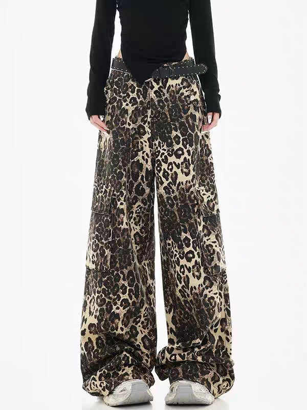 Damen Weite Cargohose im modischen Leopardenmuster mit praktischen Taschen und hohem Bund EB