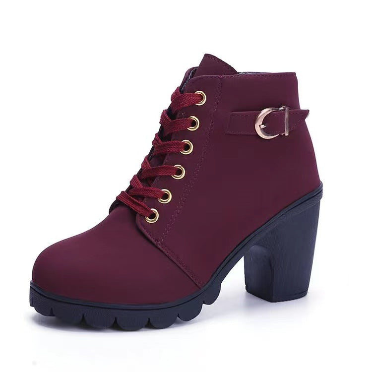 Damen Modische Stiefeletten mit trendigem Schnürung und stabilen Blockabsatz EB