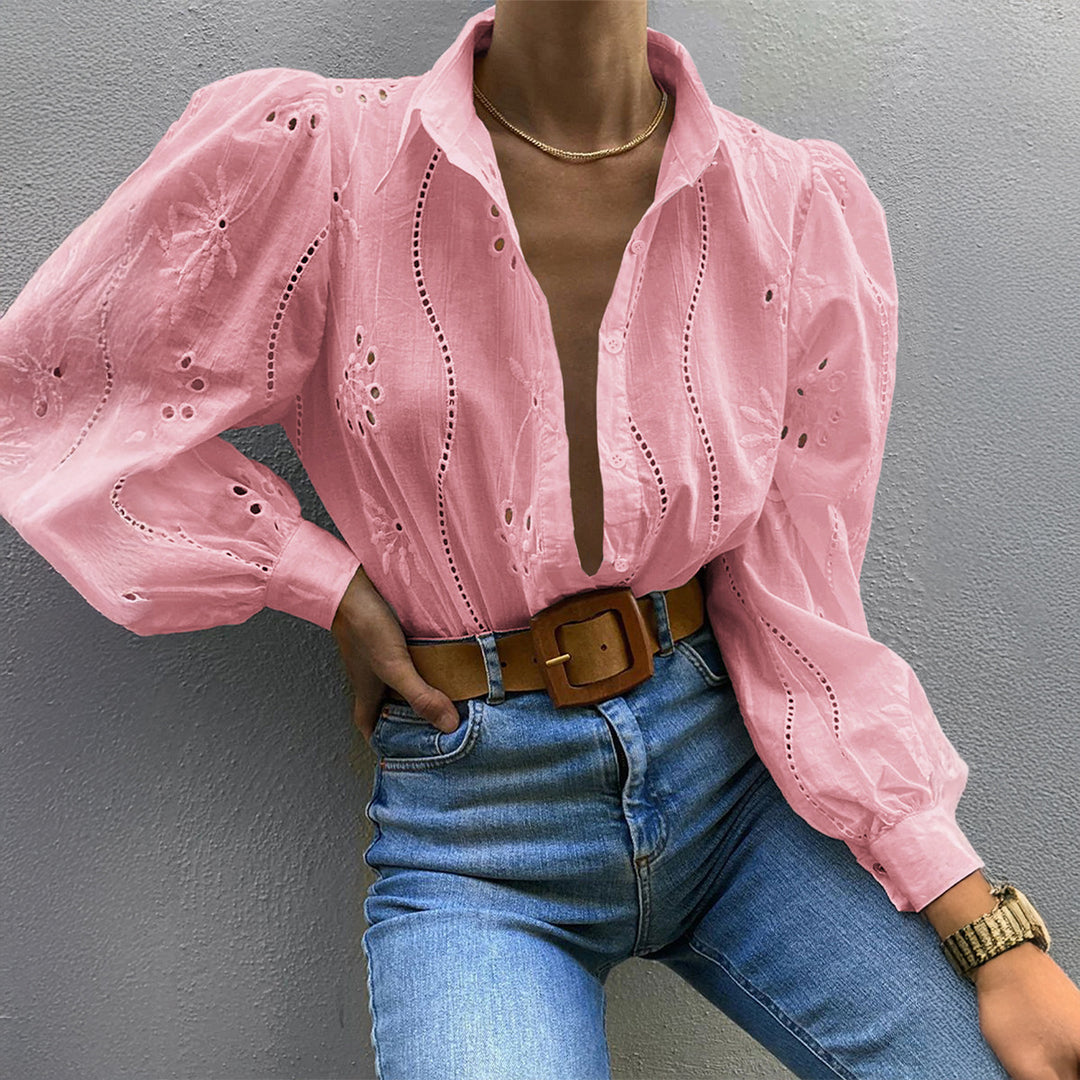 Damen Transparente Bluse mit Stickereien und Rüschendetails EB