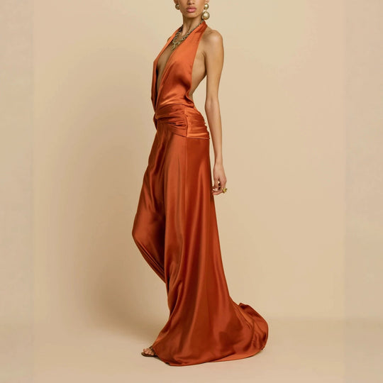 Damen Elegantes Maxikleid mit tiefem V-Ausschnitt und raffinierten Drapierungen EB
