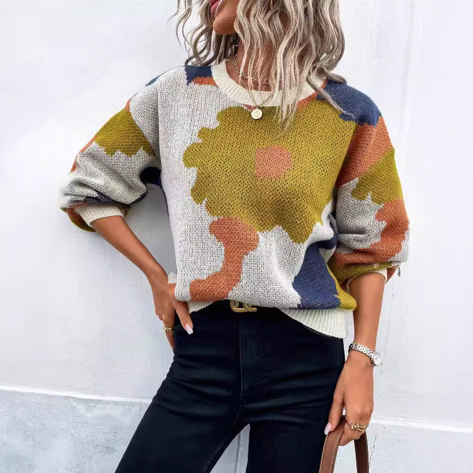 Damen modischer Pullover mit floralem Muster und weiten Ärmeln EB