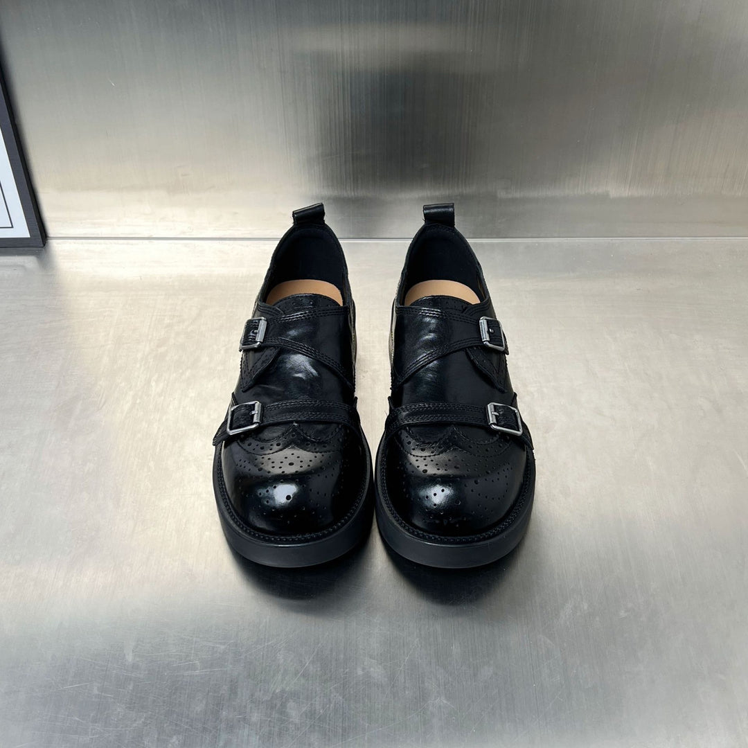 Damen elegante Doppel-Schnallen-Mokassins mit klassischem Broguemuster EB