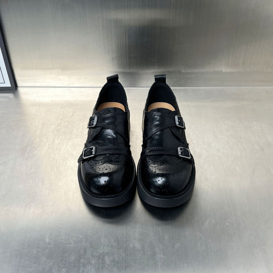 Damen elegante Doppel-Schnallen-Mokassins mit klassischem Broguemuster EB