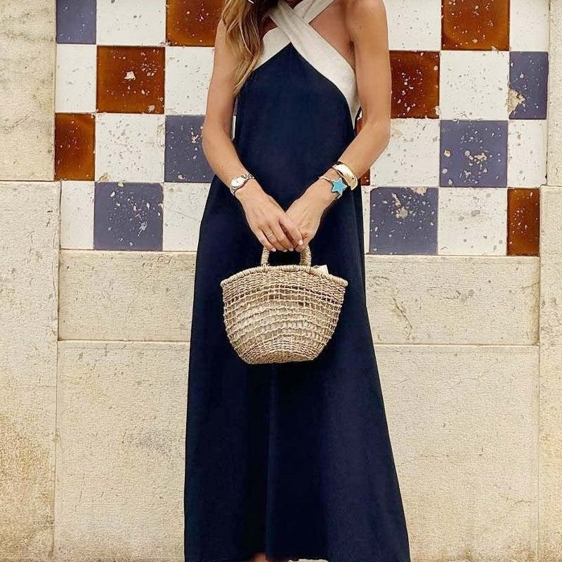 Damen elegant geschnittenes Maxikleid mit asymmetrischen Trägern und hochwertigem Stoff EB