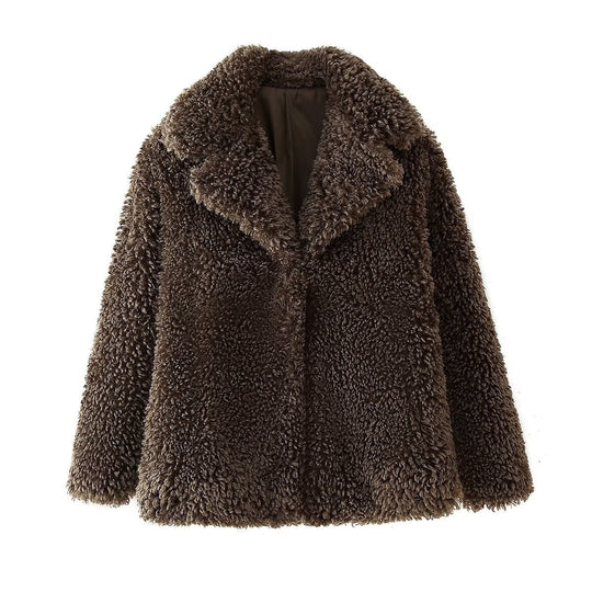 Damen Plüschjacke mit weichem Kunstfell und elegantem Kragen EB