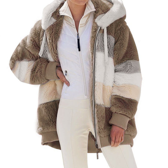 Damen nan kuschelige Oversize Kunstpelzjacke mit Kapuze, Blockstreifen und Rippbündchen EB