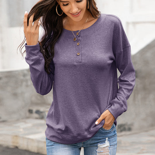Damen gemütliches Langarm-Henley-Shirt mit Knopfleiste und tiefem Rundhalsausschnitt EB