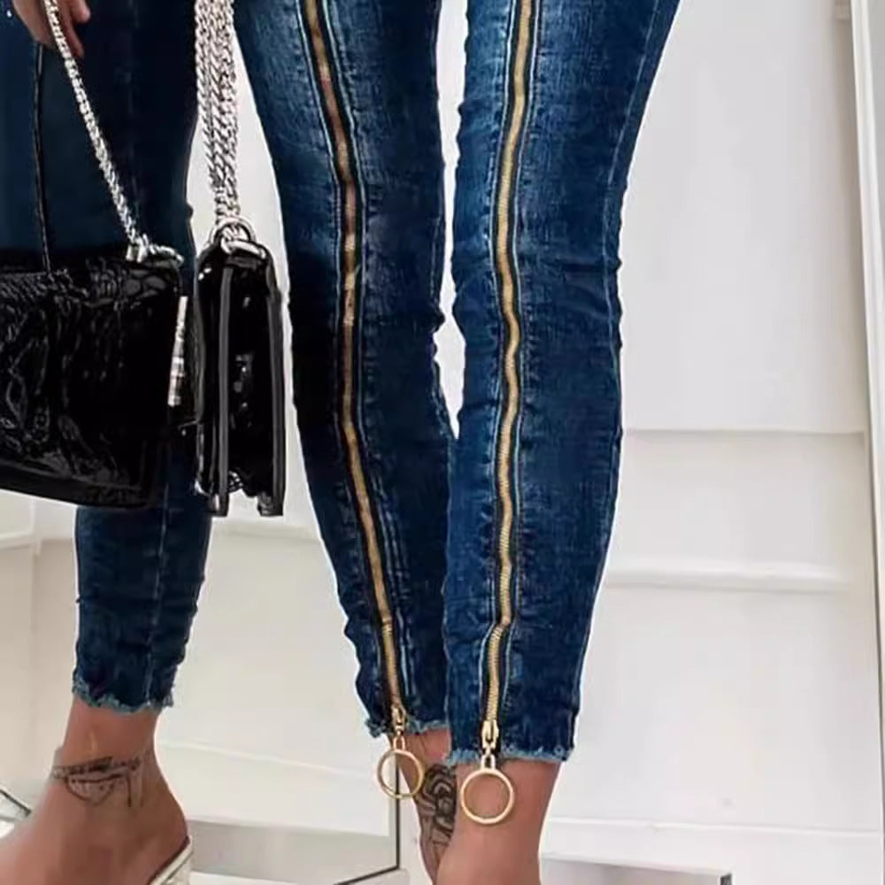 Damen High-Waist Jeans im modernen Design mit seitlichem Reißverschluss und Ring-Details EB