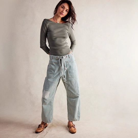 Damen nan lässige gestreifte Leinenhose mit Kordelzug und aufgesetzten Taschen EB
