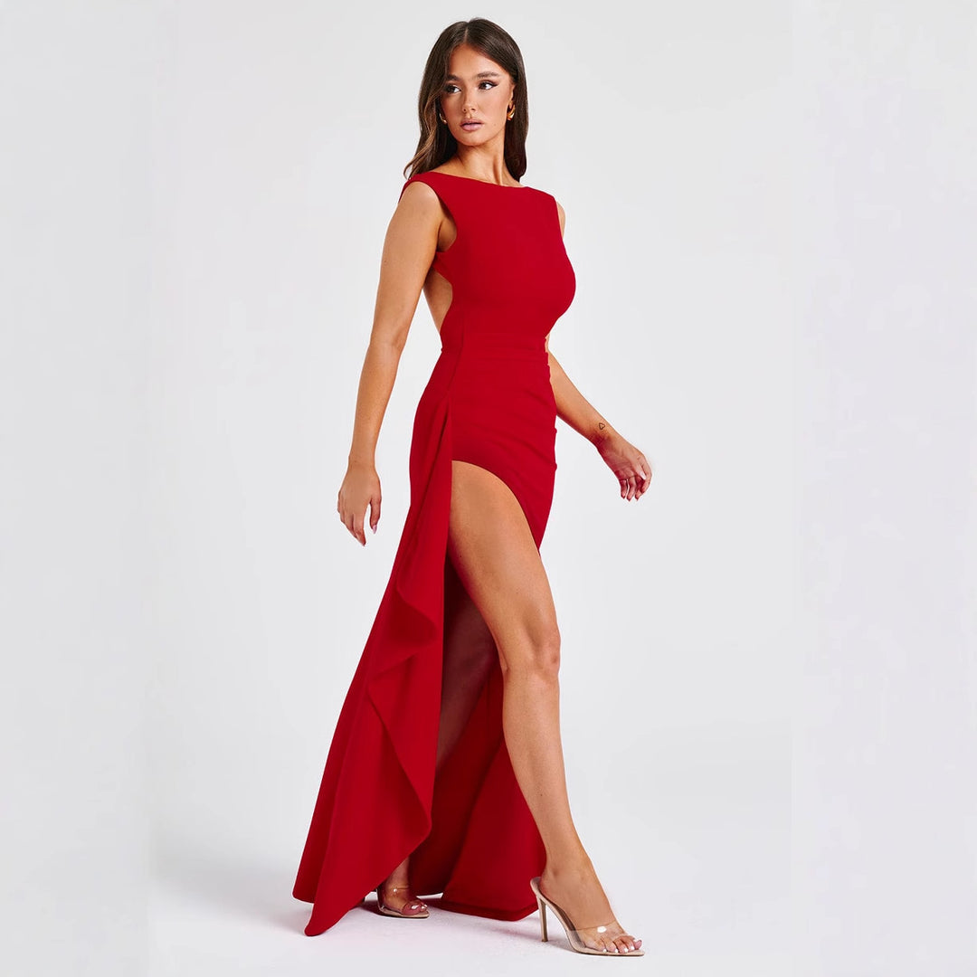 Damen elegantes Abendkleid mit seitlichem Schlitz und Raffung EB