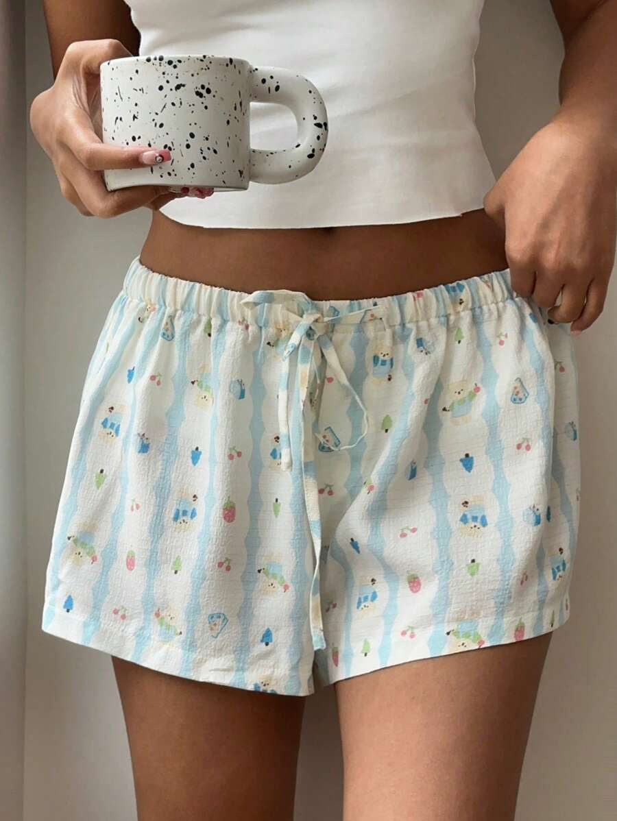 Damen entspannte Kurzpyjamahose mit buntem Druck und elastischem Bund EB