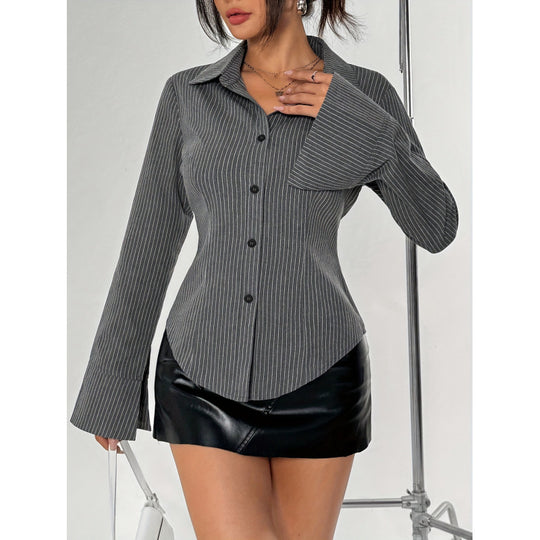 Damen Elegante Hemdbluse mit gestreiftem Design und weit ausgestellten Ärmeln EB