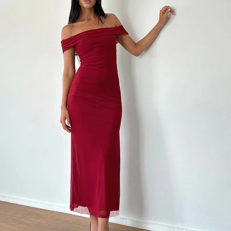 Damen elegantes schulterfreies Maxikleid mit fließendem Stoff und raffinierter Drapierung EB