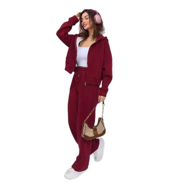 Damen nan zweiteiliges Cozy-Loungewear-Set mit Reißverschlusskapuze, taillenhoher Weitbein-Jogger und verdeckten Eingrifftaschen EB
