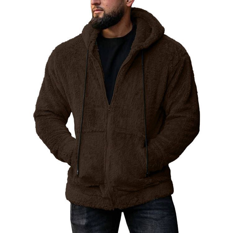 Herren nan Teddyplüsch Zip-Hoodie mit übergroßer Kapuze, verdecktem Reißverschluss und Eingrifftaschen EB